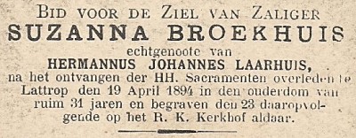 Bidprentje Suzanna Laarhuis-Broekhuis Klein Agelo 1863 Lattrop1894