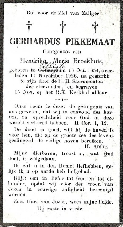 Bidprentje Gerhardus Pikkemaat ev Hendrika Maria Broekhuis Tilligte 1854 Klein Agelo 1926