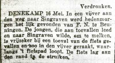 16-05-1926 Frans Nolte verdronken bij Singraven in Denekamp