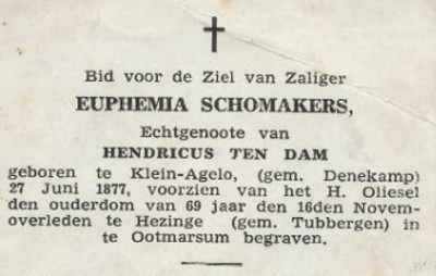 Bidprentje Euphemia Schomakers Hezinge 