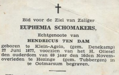 Bidprentje Euphemia Schomakers Hezinge