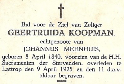 Bidprentje Geertruida Koopman Lattrop 1840-1925
