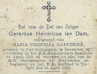 Bidprentje Gerardus Hendricus ten Dam Tilligte 1877-1919