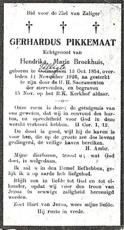 Bidprentje Gerhardus Pikkemaat ev Hendrika Marie broekhuis 1854-1926 Klein Agelo