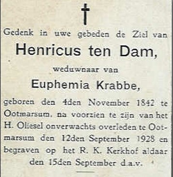 Bidprentje Henricus ten Dam 1842-1928