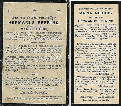 Bidprentje Hermanus reerink 1853-1903 en Maria Niehuis 1853-1936 op Weghuis in Klein Agelo