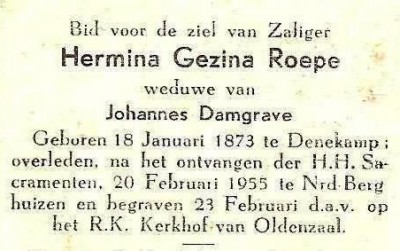 Bidprentje Hermina Gezina Roepe ovl 1955 in Noord-Berghuizen