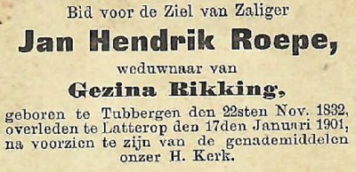 Bidprentje Jan Hendrik Roepe Lattrop 1832-1901