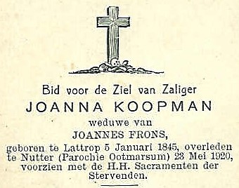 Bidprentje Joanna Koopman wv Joannes Frons in Nutter 1845-1920