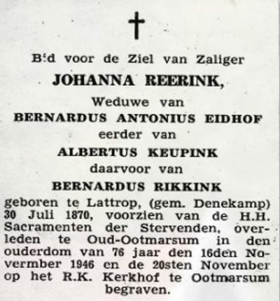 Bidprentje Johanna Reerink Lattrop 1870 Oud Ootmarsum 1946