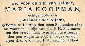 Bidprentje Maria Koopman ev Johannes Oude Nijhuis Albergen 1844-1906