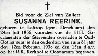 Bidprentje Susanna reerink geb Lattrop 1856 ovl Oud Ootmarsum 1938