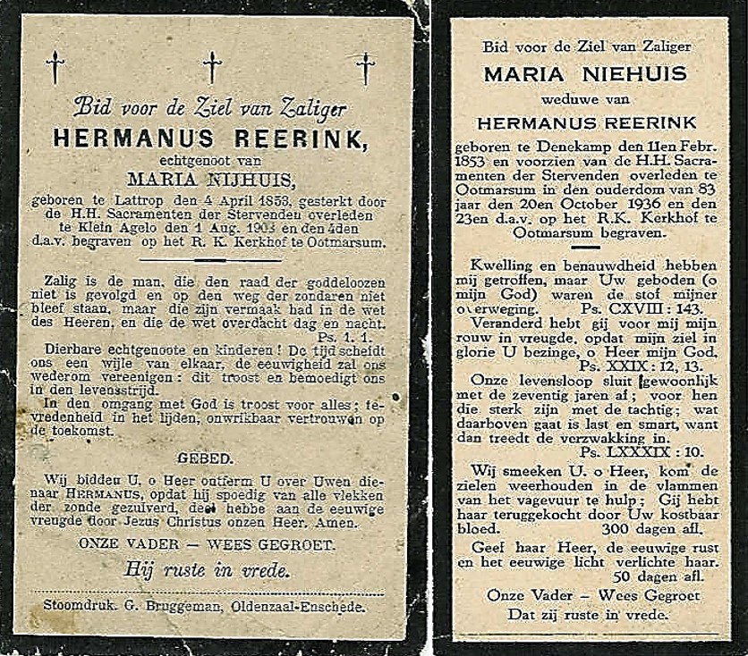 Bidprentjes Hermanus Reerink 1853-1903 en Maria Niehuis 1853-1936 op Weghuis Klein Agelo