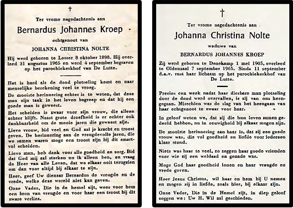 Bidprentjes Johanna Christina Nolte (1905-1965) en Bernardus Johannes Kroep (1898-1965)