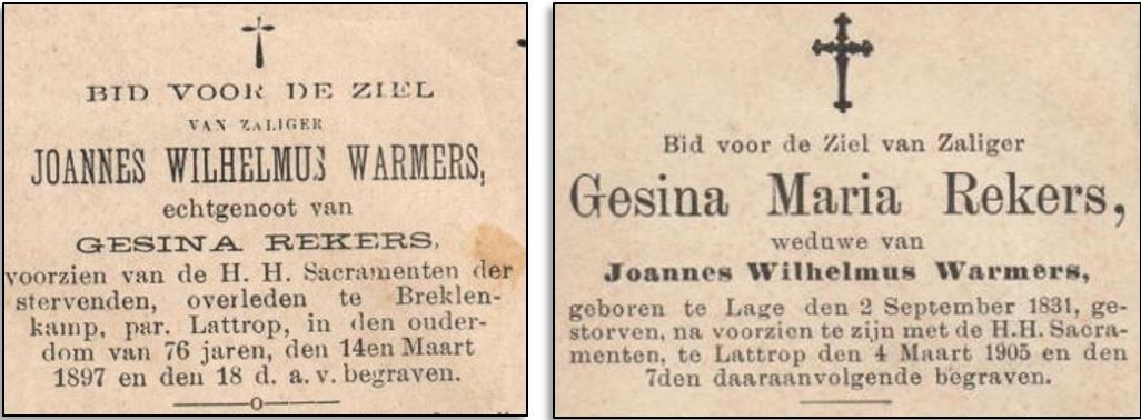 Bidprentjes Johannes Wilhelmus Warmers en Gesina Maria Rekers Breklenkamp