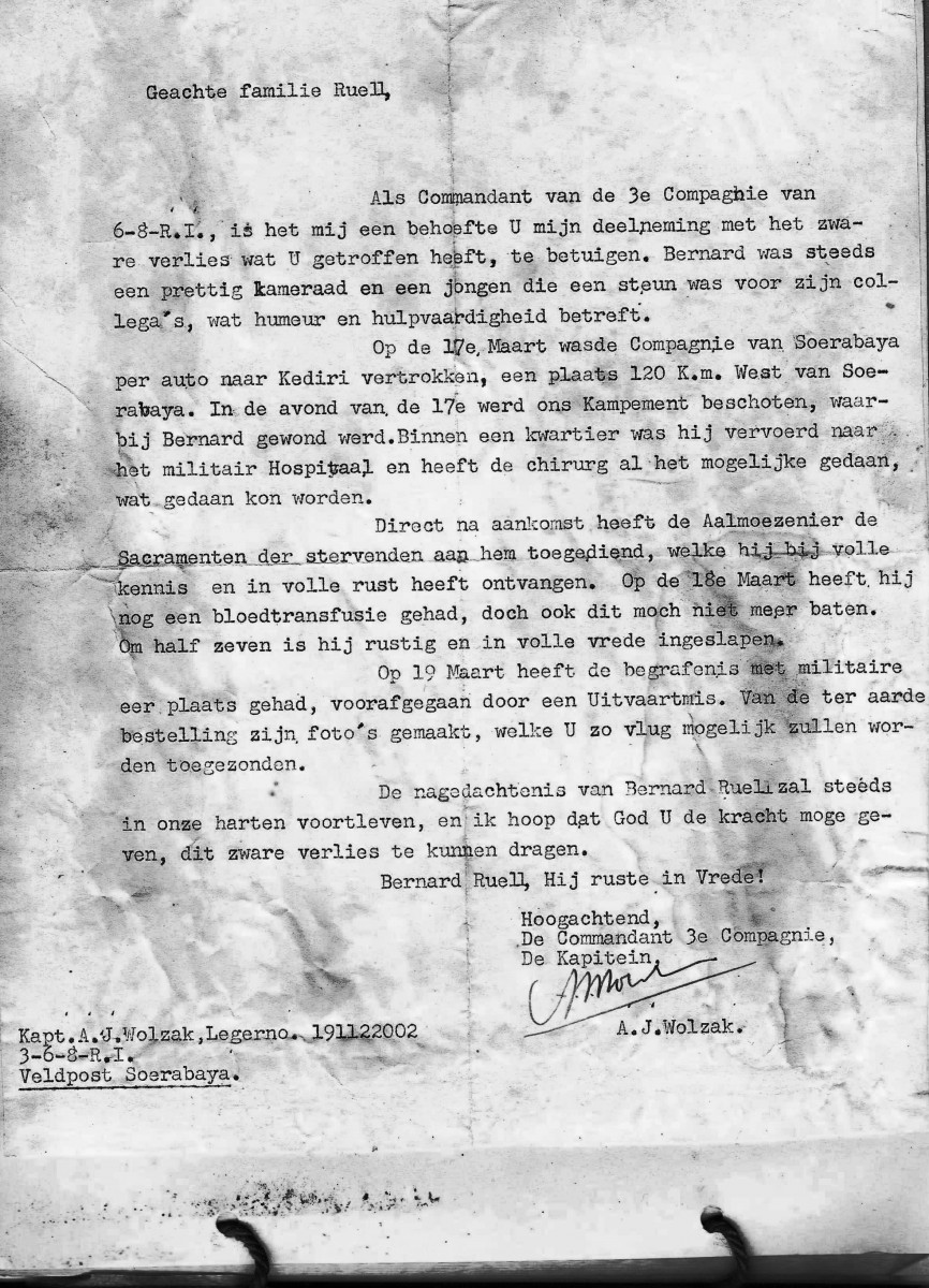 Brief deelneming Comm 3e Cie Kapt A.J. Wolzak 