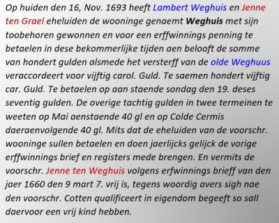 Erffwinning Lambert Weghuis en Jenne ten Grael 16-11-1693