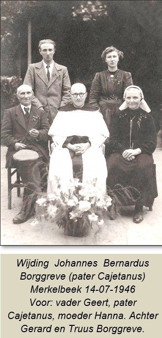 Familiefoto wijding  Johannes  Bernardus Borggreve (pater Cajetanus) Merkelbeek 14-07-1946