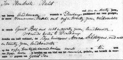 Geboorte akte Gerrit Jan Hulst op Silderjans in Noord Deurningen 25-11-1830