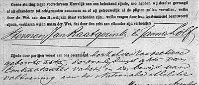 Huwelijksakte Hermen Jan Raatgerink en Janna Lölf 1858