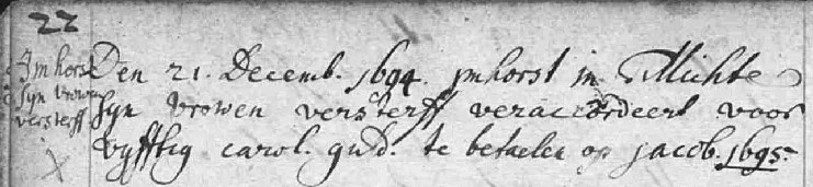 Imhorst Tillichte sijn vrowen versterff 21-12-1694