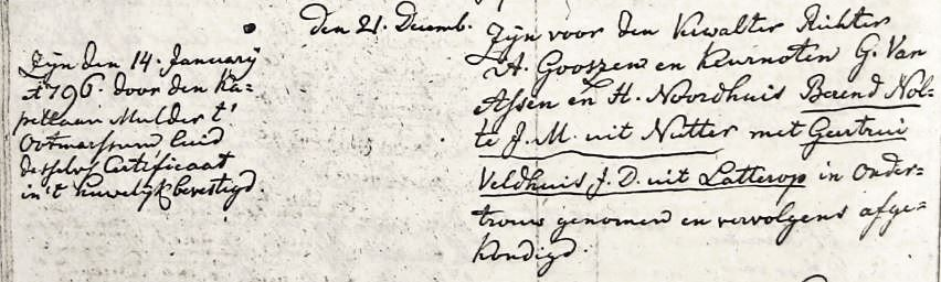 Inschrijving van ondertrouw Berend Nolte en Geertrui Veldhuis 14-01-1796