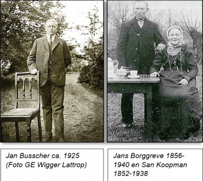 Jan Busscher 1925 en Jans Borggreve 1856-1940 met San Koopman 1852-1938 op Beernink Bakhuis in Lattrop