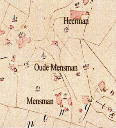 Kadasterkaart 1832 Mensman Oude mensman en Heerman in Beuningen