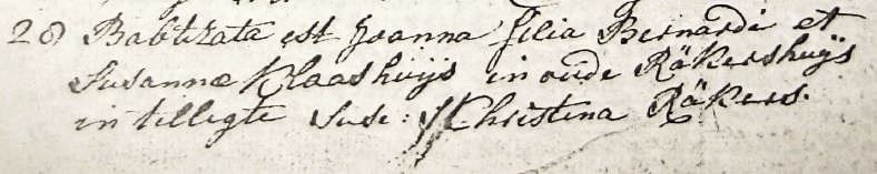 Klaashuijs Joanna dv Bernardus en Susanna Klaashuijs in oude Rekershuijs in Tilligte 28-03-1784