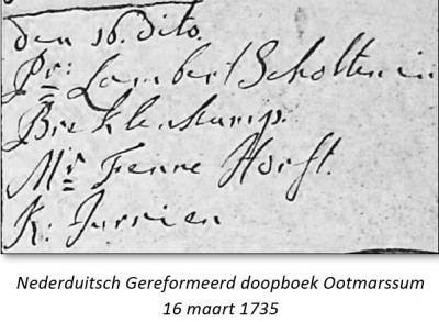 NG doopboek Ootmarssum Jurrien zv Lambert Scholten in Breklenkamp en Fenne Horst 16 maart 1735