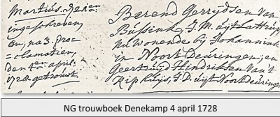 NG trouwboek Denekamp 4 april 1728 Berend Gerrijdsen van Bussink en Geertruijd Hindriksen van 't Kiphuijs in Noord Deurningen
