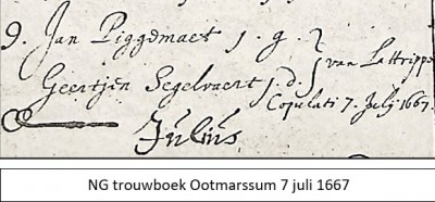 NG trouwboek Ootmarssum 7 juli 1667 Jan Piggemaet en Geertjen Segelvaert