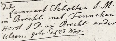 NG trouwboek Ootmarssum Lammert Scholten im in Brecklenkamp met Fenneken Horst jd in brecklenkamp onder Ulsen 23-11-1732