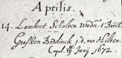 NG trouwboek Ootmarsum 1672 Lambert Scholten wedn en Geesken Boddinck jd van Hilten