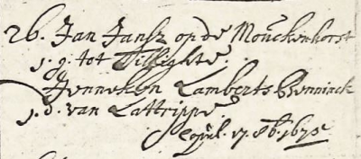 NG trouwboek Ootmarsum Jan Jansz op de Moúckenhorst en Jenneken Lamberts Benninck 17-10-1675