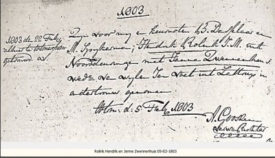 Ondertrouw Hendrik Rolink en Jenne Zwennenhuis 05-02-1803