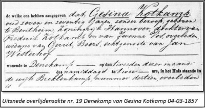 Overlijdensakte Gesina Kotkamp wv Gerrit Boers ev Jan Westerhof Breklenkamp 4-3-1857