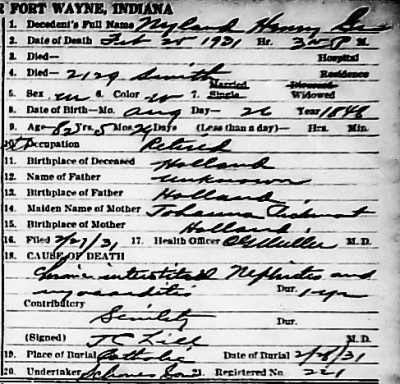 Overlijdensakte Henry Nijland 1848-1931 Fort Wayne, Allen County, Indiana