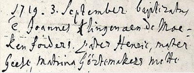 RC doopboek Ootmarssum Joannes Klingen aen de Moeken fonders in Tilligte 03-07-1719