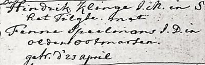RC trouwboek Ootmarssum Hinderik Klinge en Fenne Speelmans 23-04-1780 