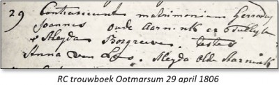 RC trouwboek Ootmarsum 29-04-1806 Gerrardus Joannes in Oude Aarnink en Aleijda Borgreeve