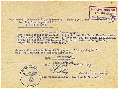 Strafsache Schmiedemeister August Perk 20-07-1943
