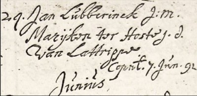 Trouwboek Ootmarssum 07-06-1692 Jan Lúbberinck en Marijken ter Hofste 