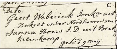Trouwboek Ootmarsum Geert Weberink en Janna Boers 09-05-1773 