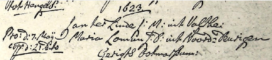 Trouwinschrijving Jan ter Linde Volthe en Maria Loman Noord=Deurigen 21-05-1780 