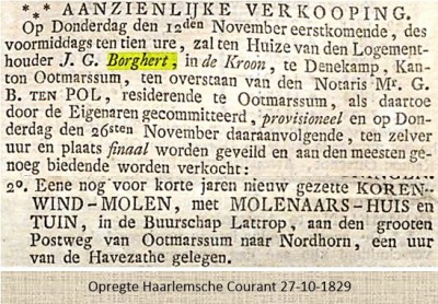 Verkoop korenwindmolen met molenaarshuis en tuin in Lattrop 27-10-1829
